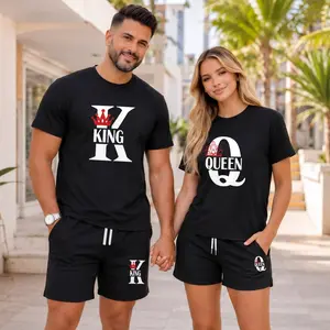 Couples’ King Queen Graphic Short Sleeve T-Shirt and Shorts Set, Casual Summer Matching Two-Piece Outfit with Crew Neck Tops and Drawstring Shorts for Daily Wear