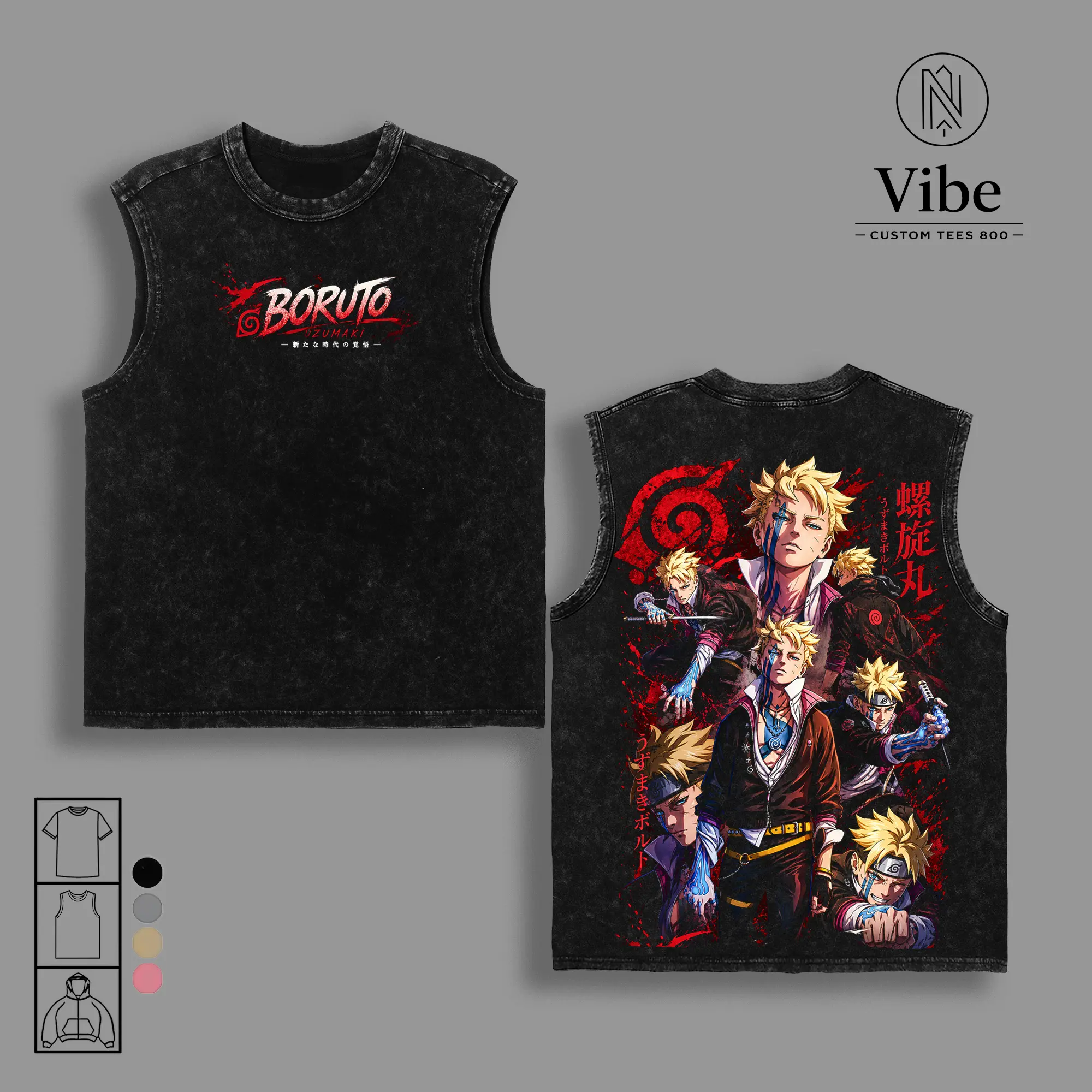 Boruto Uzumaki Two Blue Vortex Vintage Washed Anime T-Shirt, Tank Top Double Printed Manga Graphic Tee, Oversized Heavyweight Cotton Streetwear Shirt