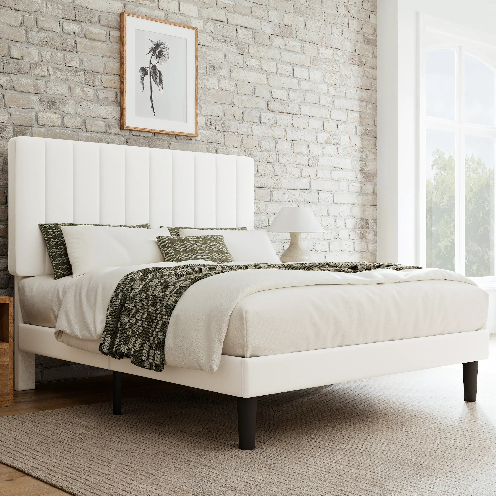 GOLDORO Modern Platform Bed Frame Upholstered Vertical Channel Tufted Headboard Wooden Slats Support No Box Spring Needed Easy Assembly Noise-Free Structure