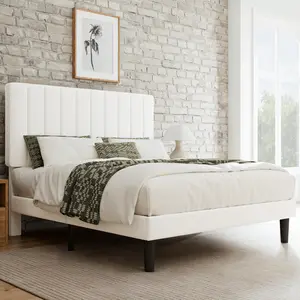 GOLDORO Modern Platform Bed Frame Upholstered Vertical Channel Tufted Headboard Wooden Slats Support No Box Spring Needed Easy Assembly Noise-Free Structure