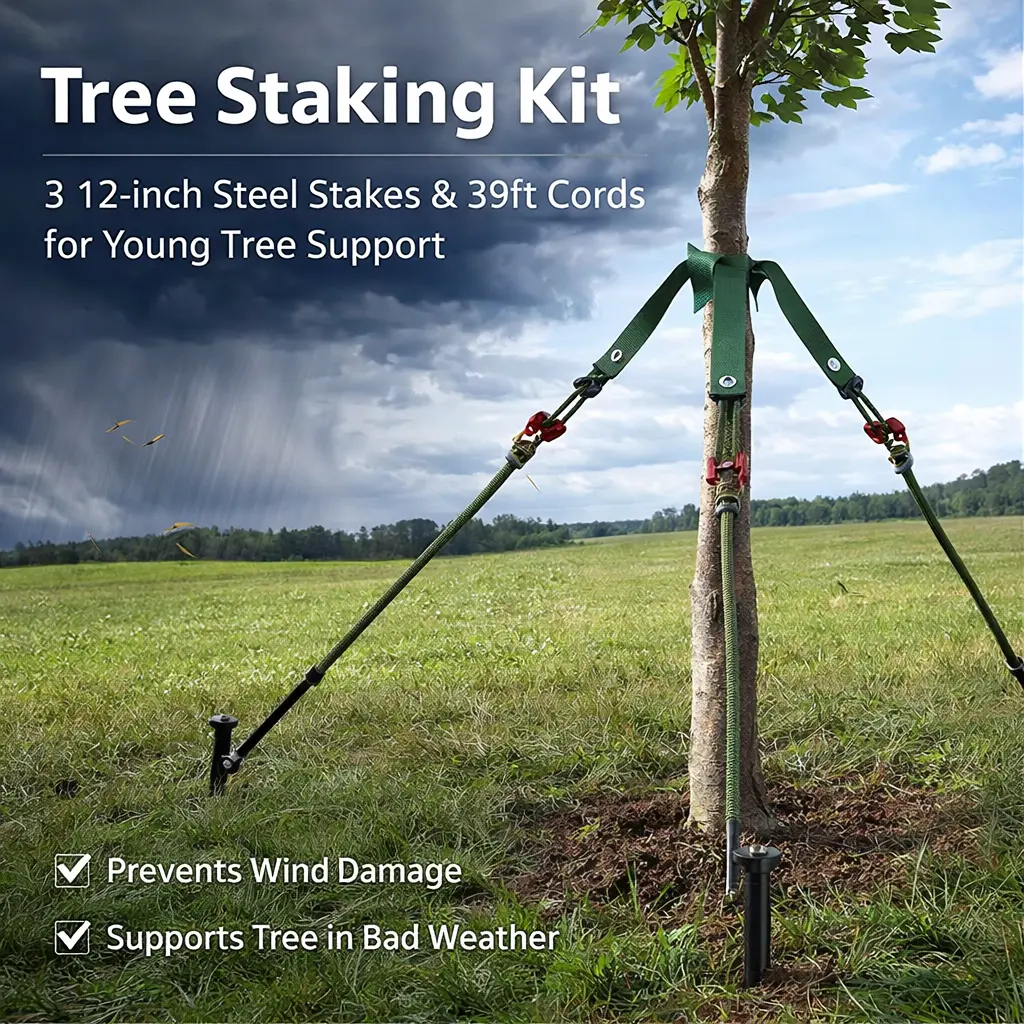 Durable Complete Tree Staking Kit - Heavy Duty Steel Spikes (3), Nylon Straps (3), 39Ft Ultra-Strong Rope, Aluminum Components, Anti-Wind Protection for Young Trees, Anchor Camping Tents, Storms