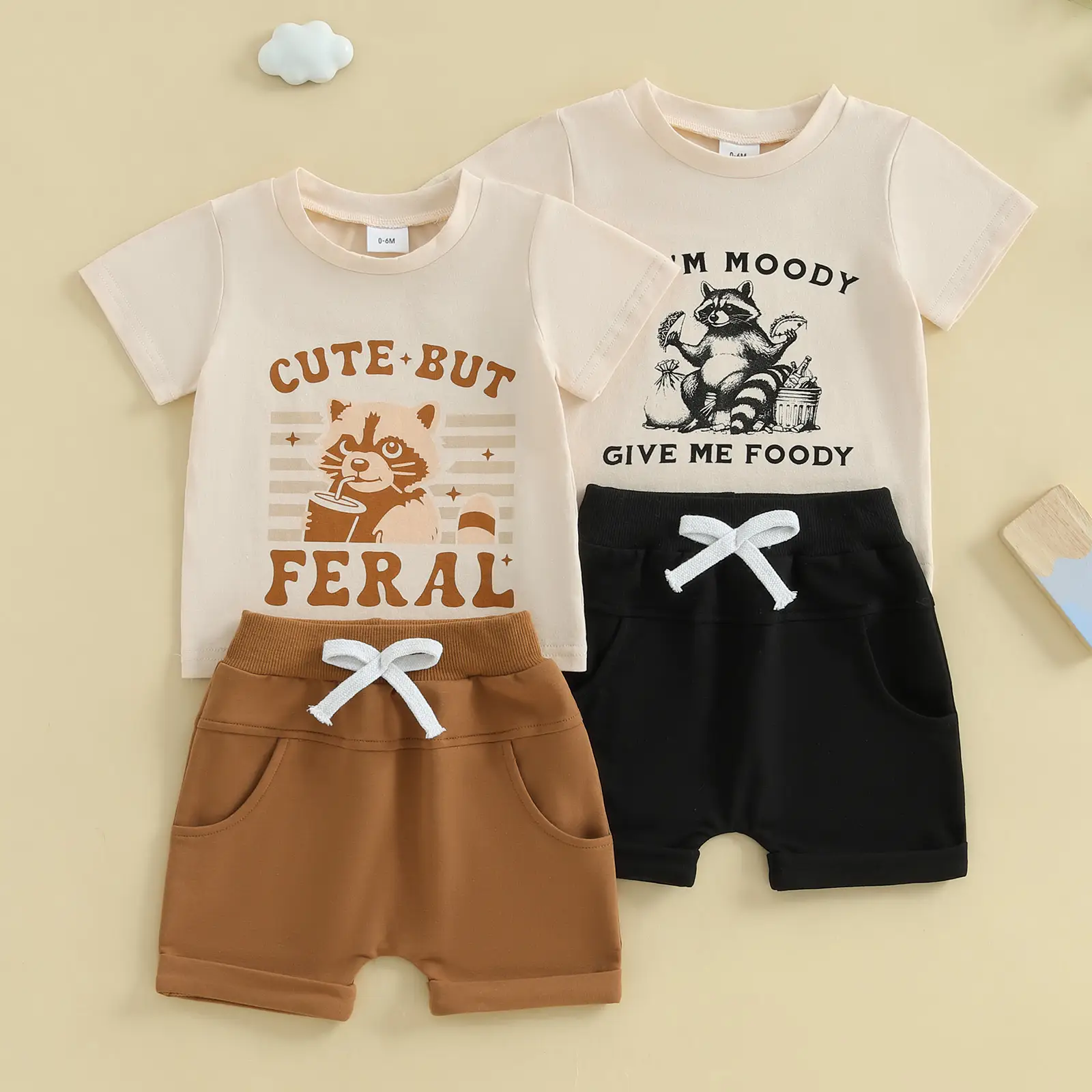 Toddler Baby Boy Summer Clothes Cute Raccoon Letter Print Short Sleeve T Shirt Tops and Stretch Shorts Two Piece Outfit #Springtok