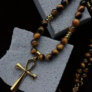 Ankh Cross Necklace with Natural Tiger EyeBeads, Adjustable Knot Cord. The black version ismade of art glass. Perfect Gift for Him/Her/Mom &Men's Accessories