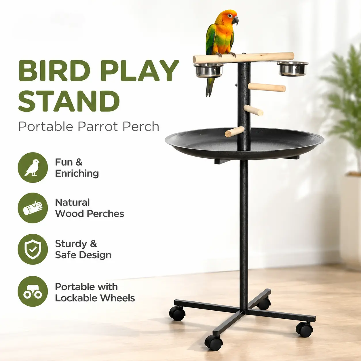 littleox PawHut Bird Play Stand, Portable Parrot Perch, Bird Feeder Station, with Four Wheels, Stainless Steel Feeding Bowls, Round Tray, Grey