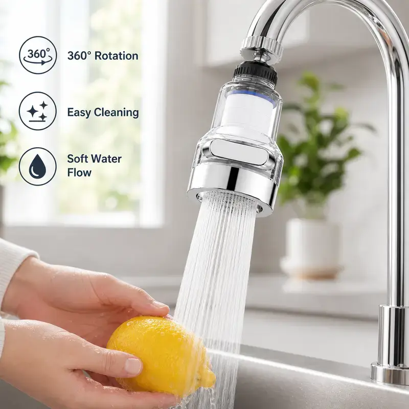 1 Count, 360° Rotating Faucet Aerator Filter 6-Layer Filtration 3 Water Modes Splash-Free for Kitchen Sink Fruit Vegetable Cleaning