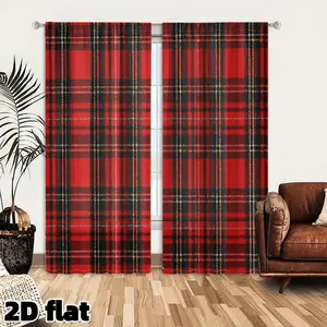2D Flat 2Pcs Red Black Plaid Curtains Scottish Tartan Pattern Window Drapes Classic Checkered Design Living Room Bedroom Dining Treatment Rustic Home Decor Semi Sheer Polyester Fabric Rod Pocket Country Style Holiday Season Panels Home Decoration Curtain