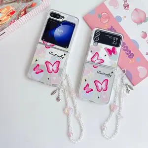 For Galaxy Z Flip4/5/6/7 Pink Butterfly Heart With Chain Mirror Sweet Style Aesthetic Foldable Phone Case Accessories