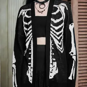 ��Plus Size�� Halloween Skeleton Print Cardigan, Gothic Punk Casual Long Sleeve Open Front Knitwear for Fall & Winter, Women's Clothing for Daily Wear