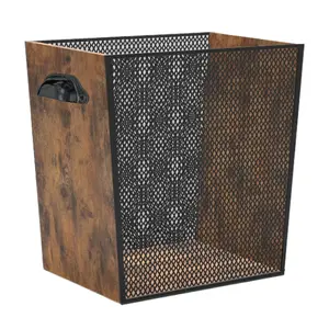 FOZXSVG 2 Gallon Wooden Trash Can - Rustic Decorative Waste Paper Basket - Garbage Bin for Bedroom, Bathroom, Kitchen, Office, Living Room Metal Iron