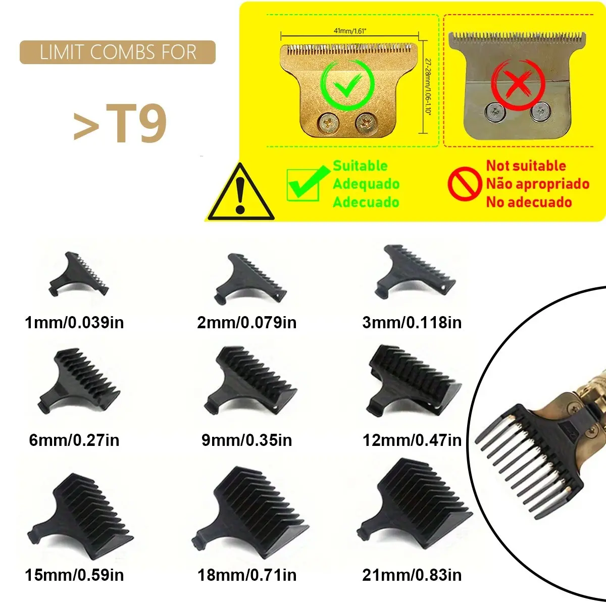 9PC set of hair clipper limit comb (Need conferm the blade size )1mm/2mm/3mm/6mm/9mm/12mm/15mm/18mm/21mm for T9 professional hair clipper shaver accessories beard styling tools Hair Trimmer Set Haircut Kit Clipper Guards Set Hair Cutting Accessories