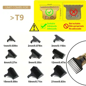 9PC set of hair clipper limit comb (Need conferm the blade size )1mm/2mm/3mm/6mm/9mm/12mm/15mm/18mm/21mm for T9 professional hair clipper shaver accessories beard styling tools
