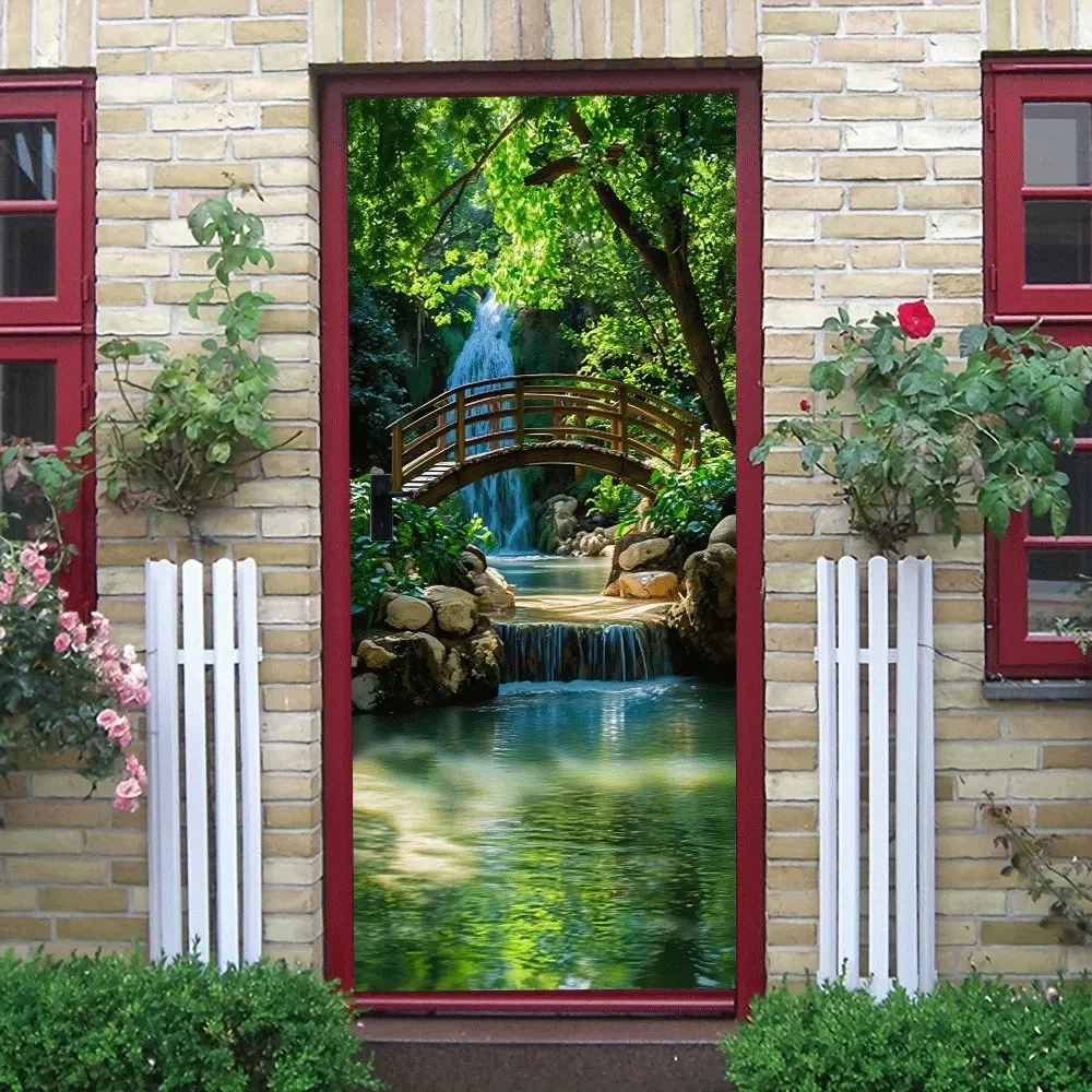 2pcs Nature Landscape Wall Sticker Decorative Stickers Self-Adhesive Door Decoration Waterfall Bridge Bamboo Forest Scenery Waterproof Removable Home Decor for Living Room Bedroom Wall Art Mural Eco-Friendly Vinyl Decal M