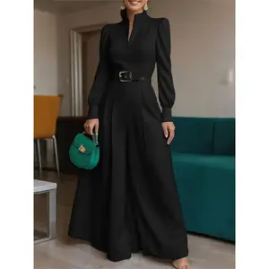Women’s European-Style Commuter Mock-Neck V-Neck Long-Sleeve Woven Wide-Leg Jumpsuit, No Pocket Design, Perfect for Office Wear