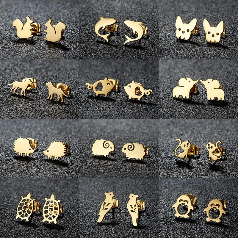Golden Stainless Steel Animal Stud Earrings for Women Girls Jewelry Shark Pig Hedgehog Penguin Earings Piercing Cute Gifts