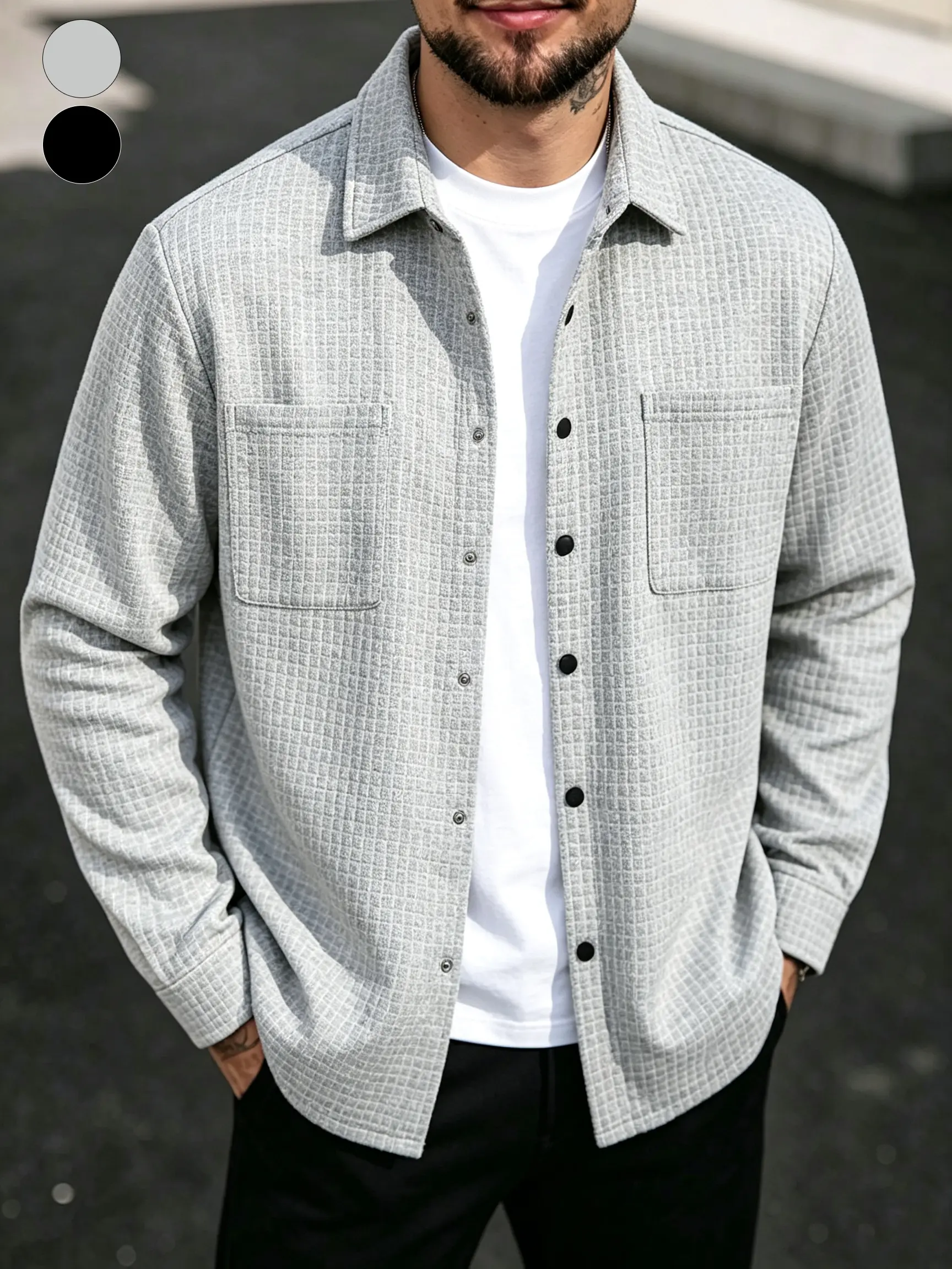 Men’s waffle-knit collared shirt-style outerwear jacket with dual chest pockets; casual long-sleeve outer shirt with a soft feel, strong texture, and breathable fabric; regular fit with button closure; suitable for everyday wear, commuting to work, casual