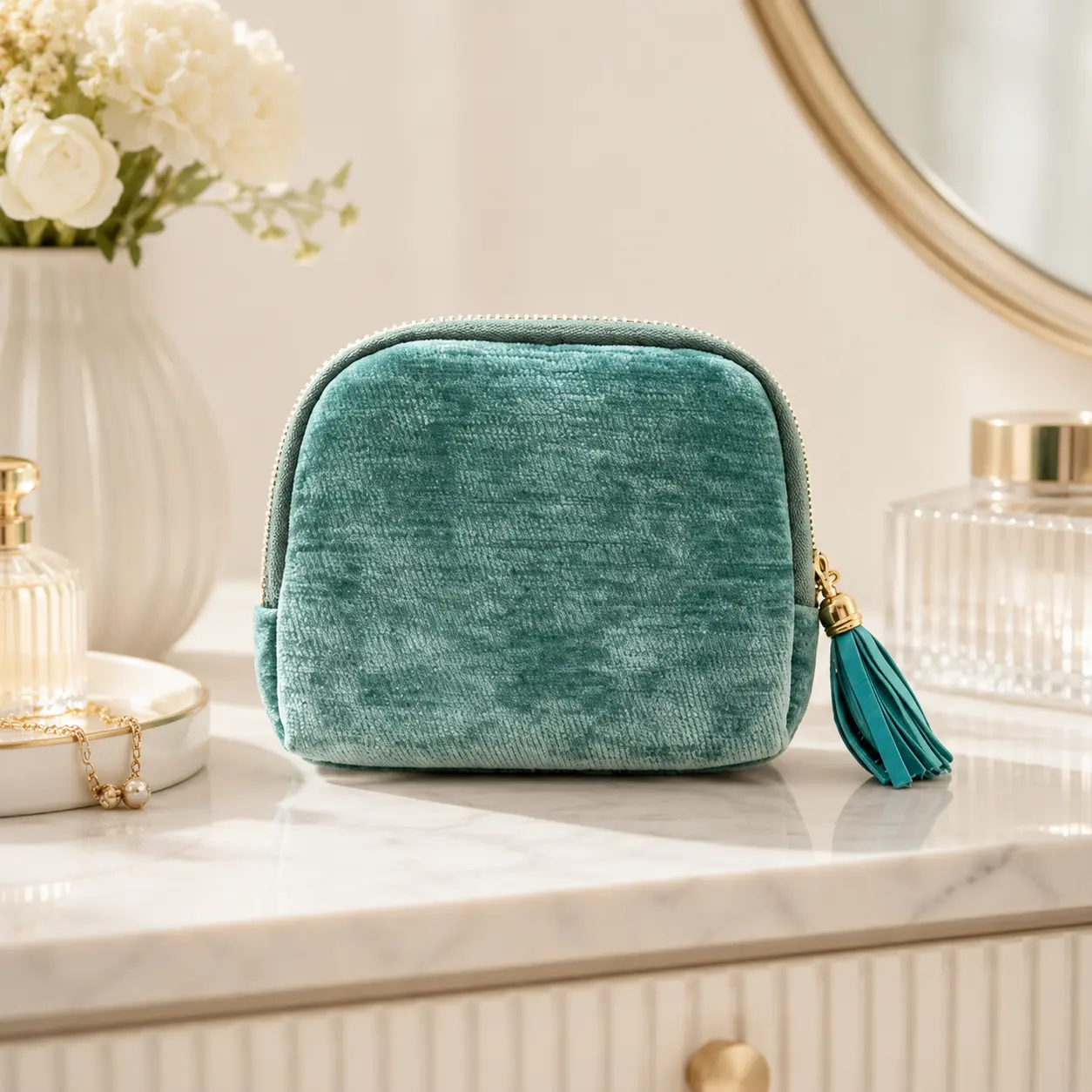 Portable Velvet Mini Makeup Bag with Tassel Zipper, Small Travel Cosmetic Pouch, Soft Compact Cosmetic Organizer for Lipstick Skincare Toiletries, Cute Hand Makeup Purse Gift for Women Girls Daily Vacation Use