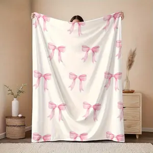 Bowknot Print Flannel Blanket - Soft, Vintage-Inspired Design with Pink Bows on White, All-Season Comfort for Home, Office, Camping & Travel, Machine Washable, Perfect for Halloween & Christmas Decor, Travel Accessory,Playful Pattern,Soft Texture,summ