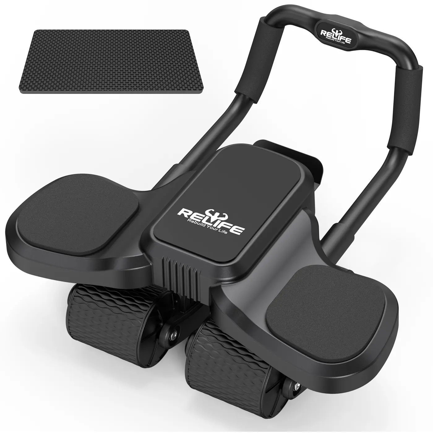 RELIFE Unisex Adult Ab Roller with Automatic Rebound, Wide Wheels, Elbow Support, Phone Holder & Knee Pad – Core Training Gym Equipment for Home Workouts