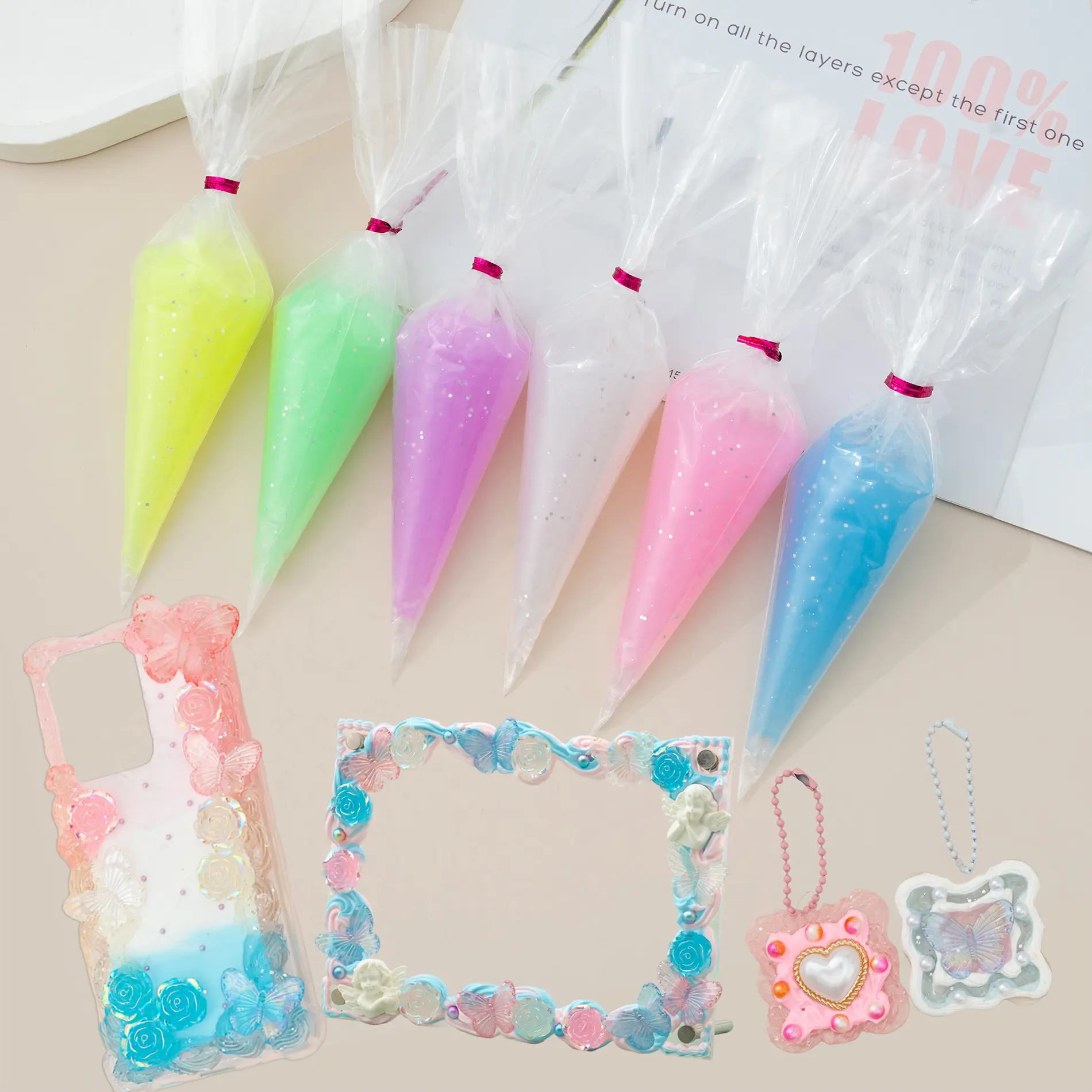 Glitter Decoden Cream Fake Whipped Cream Glue Kit, Simulation Frosting Whipped Clay For DIY (Glitter Set)
