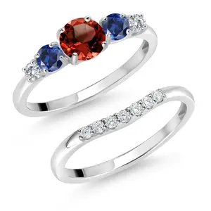 Gem Stone King 10K White Gold Red Garnet Blue Created Sapphire and White Lab Grown Diamond 5 Stone Bridal Engagement Wedding Ring Set For Women | 1.39 Cttw | Round: 5MM and 3MM | Size 5, 6, 7, 8, 9