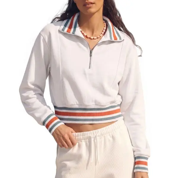 Fisoew Women's Preppy Quarter Zip Fleece Sweatshirt, Casual Loose Boxy Fit, Solid Cropped Style with Zipper Stand Collar, Lightweight, Soft