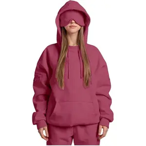 Hoodies with Built-in Eye Mask Travel Hoodie Wearable Blanket for Men & Women Perfect for Airplane Mode Womenswear Sweatshirt Tops Unisex Basic Beige Long Sleeve Minimalist,Autumn and winter clothing, long-sleeved, warm Casual