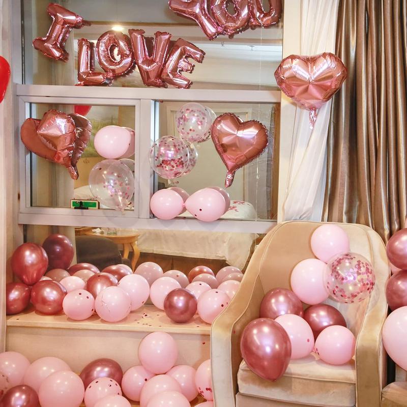 Valentines Day Balloons Kit, 101 Pack Rose Gold Pink Heart Balloons with Rose Petals, I Love You Balloons for Anniversary Mothers Day Wedding Romantic Decorations Special Night,VA-BA-01