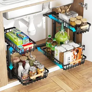 Under Sink Organizer, 2 Tier Under Sink Organizers and Storage, Metal Slide out Pull out Cabinet Organizer ，2 Pack Sliding Drawer Organizer for Kitchen Bathroom Pantry