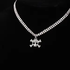 Iced Out Skull Necklace, Bling Rhinestone Pendant Chain, Hip Hop Punk Jewelry for Streetwear & Rap Style