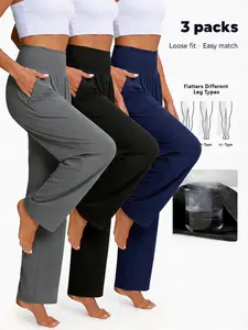 3-Pack NunuFlex Women's Wide Leg Yoga Pants Comfy Lounge Pants with Pockets Baggy Elastic Waist Joggers Ladies Open Bottom  Loungewear Pajama Breathable  Evening Homewear