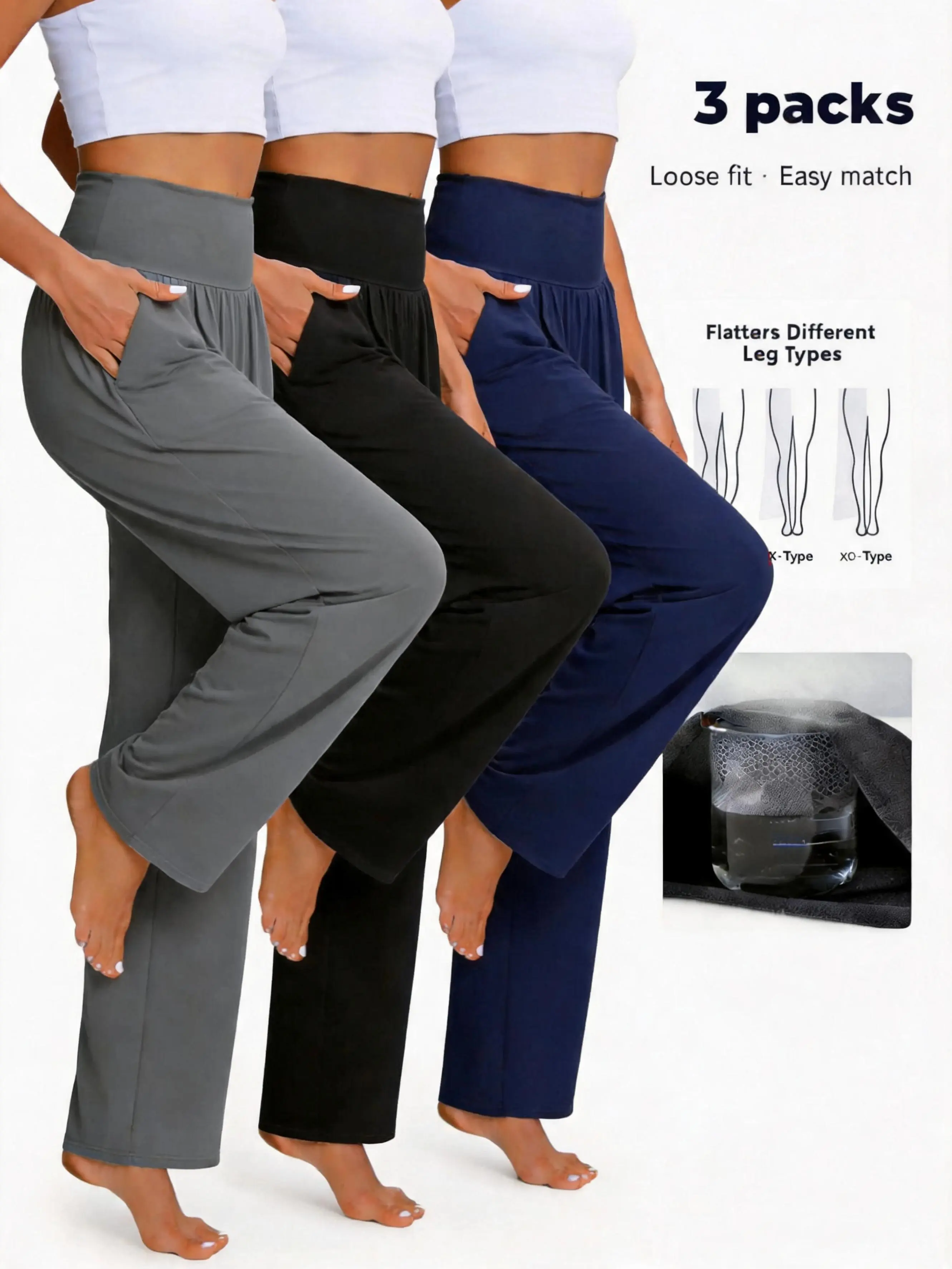 3-Pack NunuFlex Women's Wide Leg Yoga Pants Comfy Lounge Pants with Pockets Baggy Elastic Waist Joggers Ladies Open Bottom  Loungewear Pajama Breathable  Evening Homewear