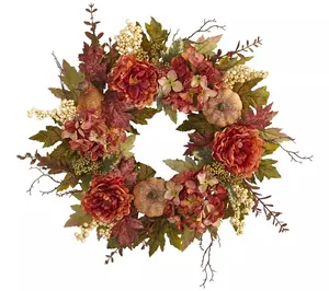 Nearly Natural 24" Peony, Hydrangea and PumpkinFall Wreath