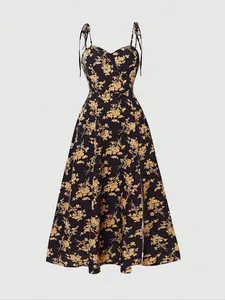 Women's Elegant Floral Print Boho Dress, Casual Short Wrap Fitted Dress for Spring Summer, Beach Party Date Night, Full Body Leaf Pattern, Bohemian, Womenswear