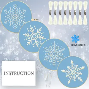 4-count winter white snowflake embroidery DIY kit, Embroidery design set, including 1 embroidery hoop, simple pattern suitable for adult beginners, home fabric decoration painting, special gift for friends, Christmas party decoration mural