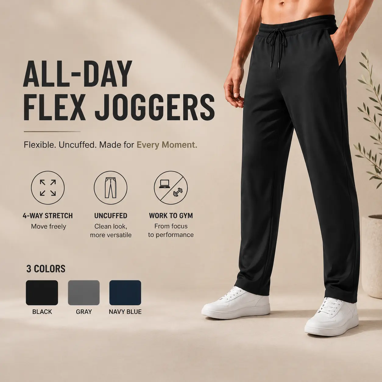 Men's All-Day Flex Uncuffed Joggers with Zipper Pockets – Lightweight Tapered Stretchy Performance Pants for Travel, Work, Golf & Everyday Wear Men's All-Day Flex Uncuffed Joggers with Zipper Pockets – Lightweight Tapered Stretchy Performance Pants for Travel, Work, Golf & Everyday Wear