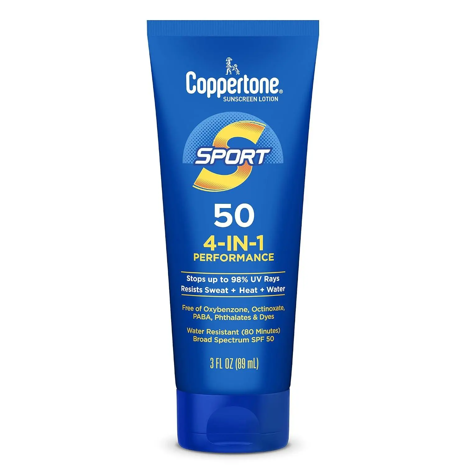 Coppertone SPORT Sunscreen Lotion SPF 50, 3 FL OZ | Travel Size Sunscreen Lotion, Sweat, Heat and Water Resistant, PABA, Oxybenzone, Octinoxate, Paraben and Dye Free