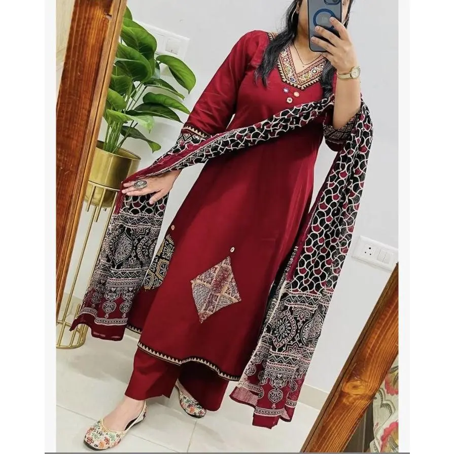 3-Piece cotton Red Kurta with Intricate  Embroidery and Matching Dupatta for    Womenswear  Suits
