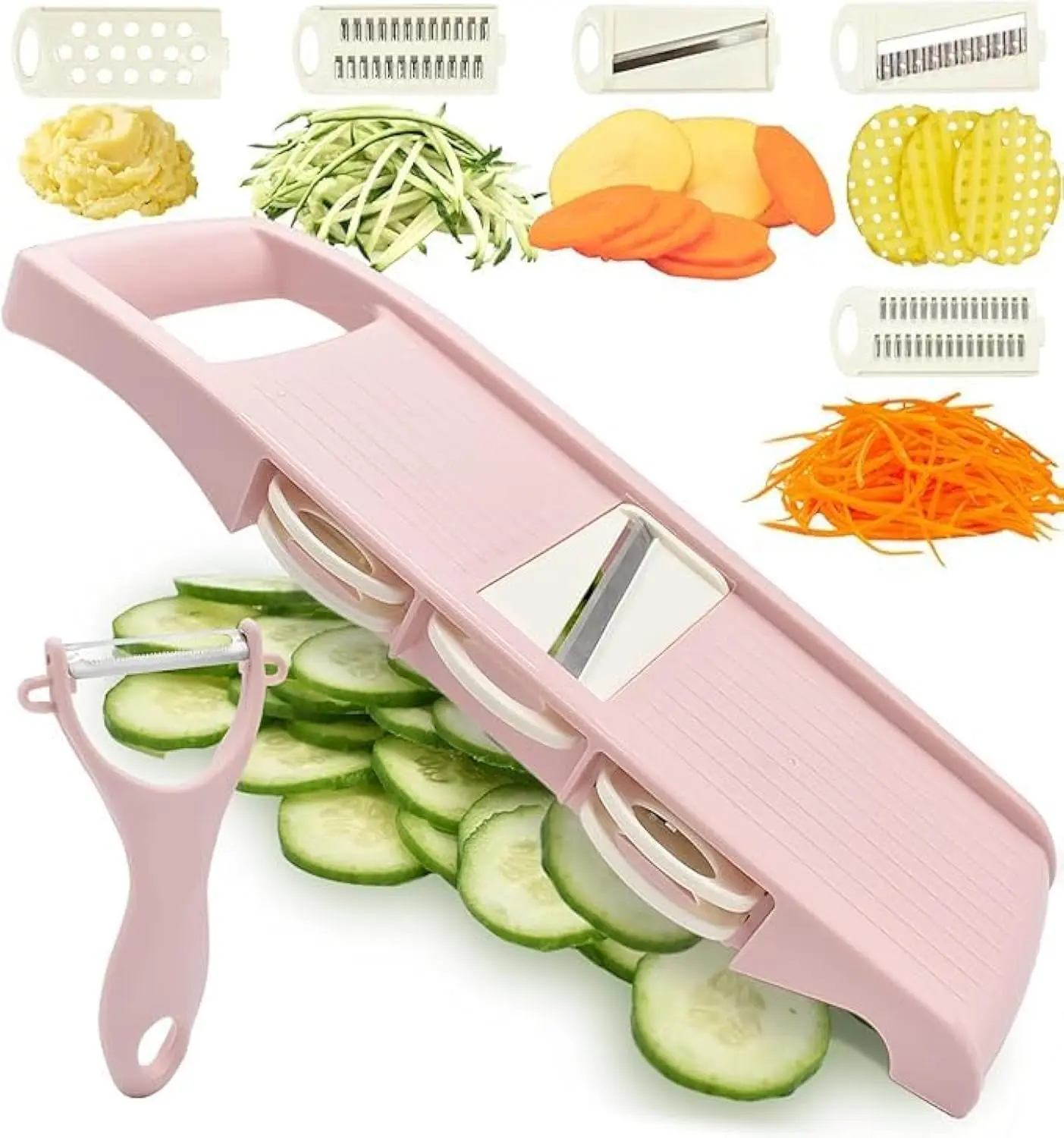 Mandoline Slicer for Kitchen Slicer Vegetable  5 In 1 Veggie Slicer Potato Slicer waffle fry  Hot Swap Mandolin with Peeler for Vegetables Carrot Shredder Cucumber Slicer -