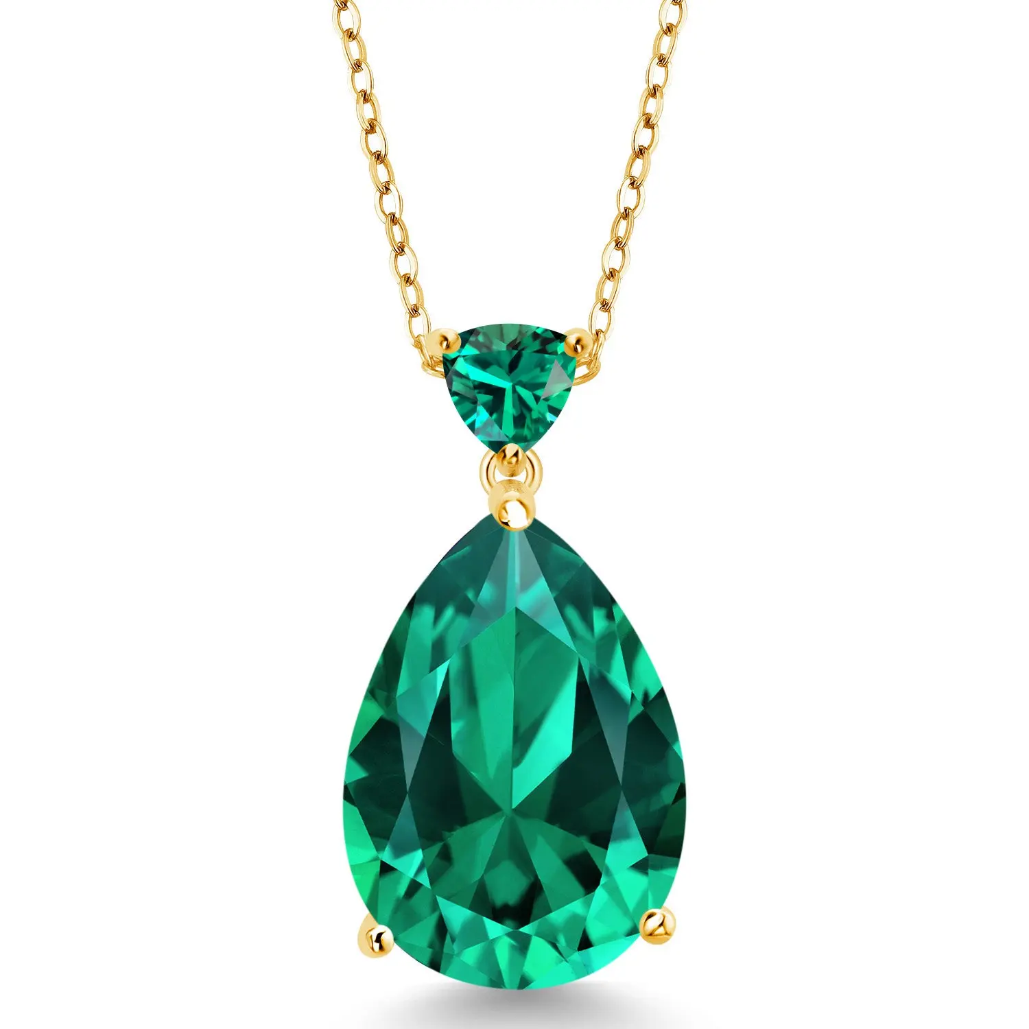 9.72 Cttw Green Nano Emerald 18K Yellow Gold Plated Silver Pendant Necklace for Women | 18X13MM Pear Shape and 5MM Trillion | With 18 Inch Chain