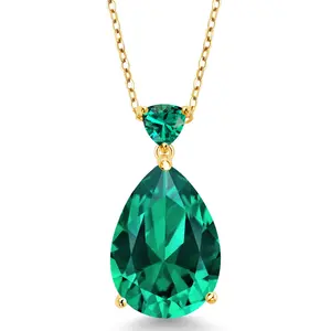 Gem Stone King 9.72 Ct Green Nano Emerald 18K Yellow Gold Plated Silver Pendant with Chain