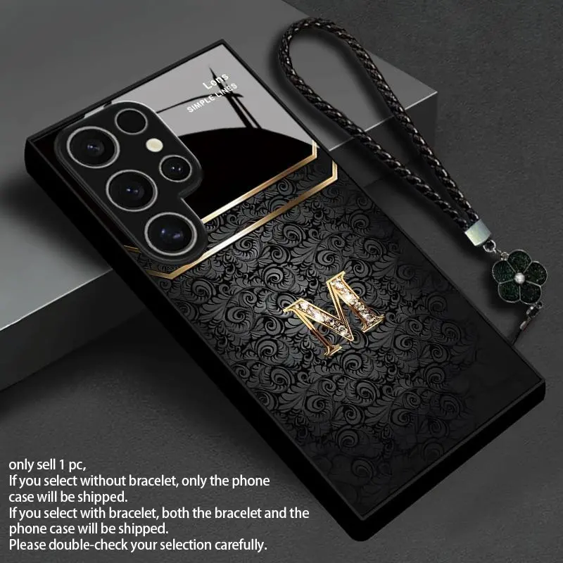 Background M Letter Pattern Protective Phone Case Cover Protector with Lanyard, Premium Tempered Glass Material, Business Style, Fits Samsung S25-S20, Note Series & More Casing