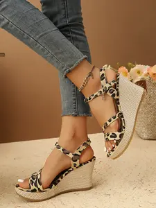 Women's Adjustable Ankle Strap Straw Wedge Sandals, Leopard Print Open-Toe Design, Comfortable Shoes for Daily Wear and Travel, Elegant
