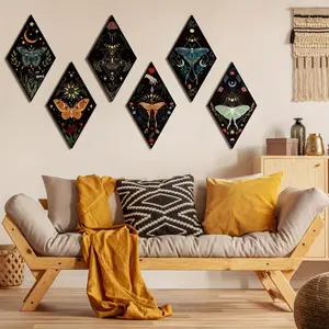 6 pieces of butterfly art wall hanging (thickness 0.3cm), Gothic Bohemian style, sun and moon phases, retro butterflies, simple signs, wall decoration, Wall ornament, suitable for wall hanging in home