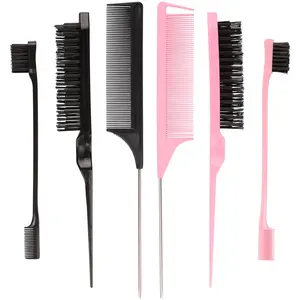 6 Pack Hair Styling Comb Set, 2 Slick Back Hair Bristle Brush, 2 Edge Control Brush and 2 Rat Tail Combs for Hair Parting, Controlling Flyaways & Smoothing Baby Hair (Black & Pink) springtok