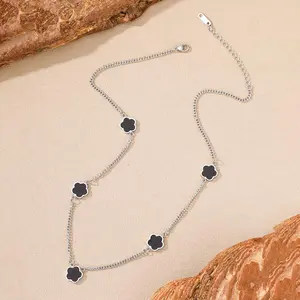 Elegant Women's 5-Leaf Clover Pendant Long Chain & Link Stainless Steel Necklace, Christmas Gift, Evening Dress Accessory for Women,summervibes