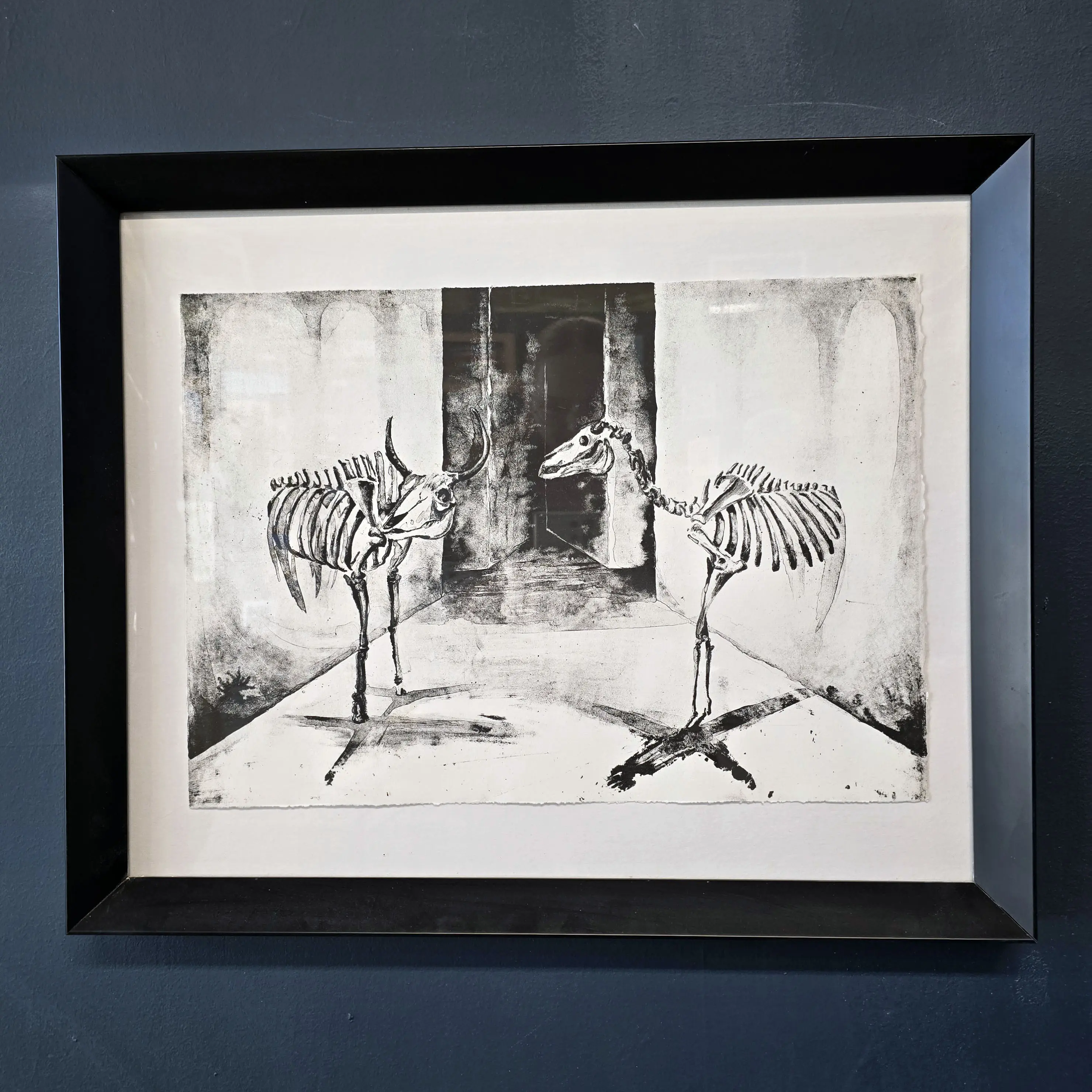 Conversate by Stephanie Hickey - Original Framed Ink Art Featuring Intricate Skeletons in a Gothic Setting