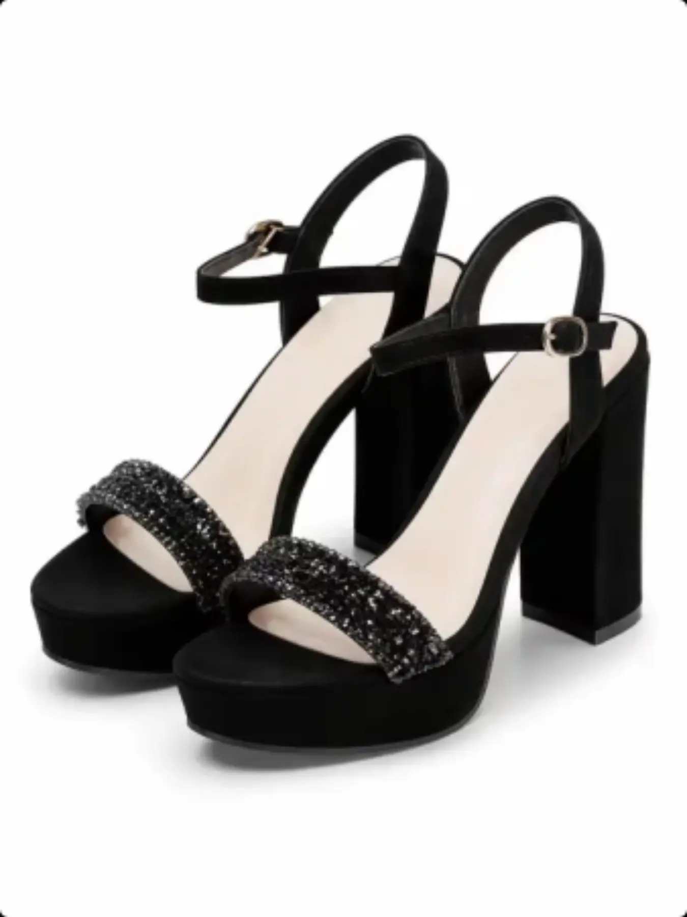 Night Luxe Black Suede Rhinestone Platform Women Heels | Chunky Block Heel Sandals Adjustable Buckle Sandals