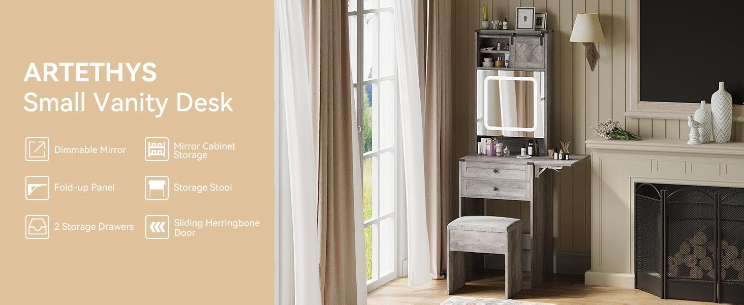Farmhouse Small Vanity Desk Set with Mirror Cabinet Compact Makeup Vanity Set with 3 Adjustable Lights and Storage Chair for Compact Space,  Dressing Table with Fold-up Panel IF049