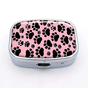Cute Paw Print Pill Case, Background, Portable Metal Pocket Container, 2 Compartments, Travel Organiser for Meds & Vitamins, Vitamin Organizer
