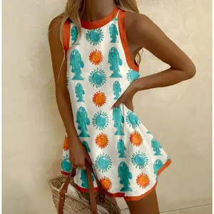 Summer Ocean-Themed Sleeveless A-Line Mini Dress — Seaside Vacation Style with Contrast Paneling and Fish Print.